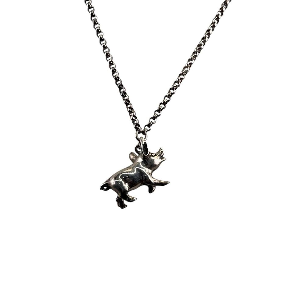 Vintage 32" Rolo Chain Sterling Silver Necklace with Pig Pendant